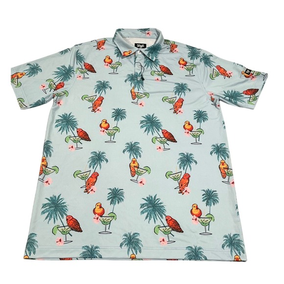 Waggle‎ Golf Polo Men's L Blue Margarita Birds All-Over Print Shirt - Picture 2 of 12